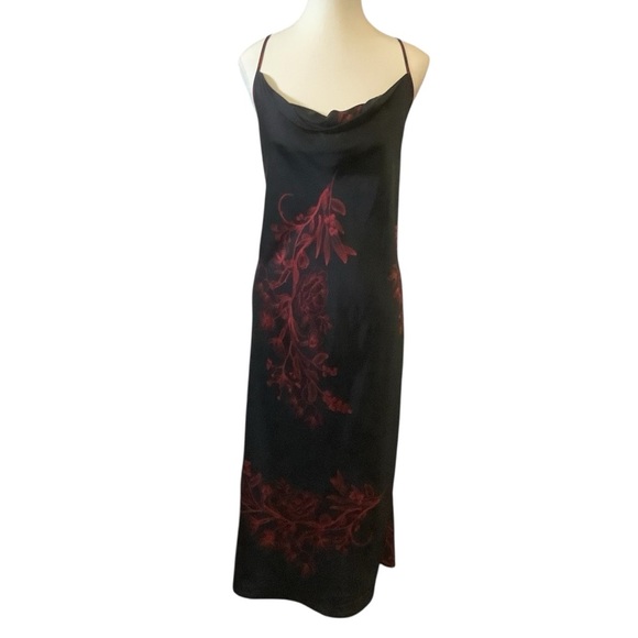 LA VIE EN ROSE BLACK WITH RED FLORAL PRINT/ COWL NECK/ MAXI SLIP DRESS/ Size XL - Picture 1 of 10